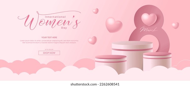 Realistic pink 3D cylindrical podium with 8 march shaped background for women's day banner. Women's day minimal scene for products showcase, Promotional display. Vector room platforms.