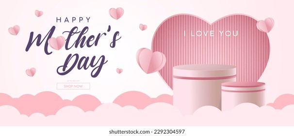 Realistic pink 3D cylindrical podium with heart shaped background for mother's day banner. Mother's day minimal scene for products showcase, Promotional display. Vector room platforms.