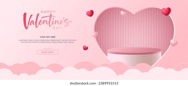 Realistic pink 3D cylindrical podium with heart shaped background for valentine's day banner. Valentine's day minimal scene for products showcase, Promotional display. Vector room platforms.