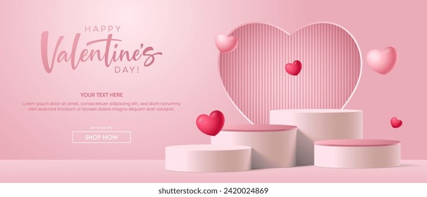 Realistic pink 3D cylindrical podium with heart shaped background for valentine's day banner. Valentine's day minimal scene for products showcase, Promotional display. Vector room platforms.