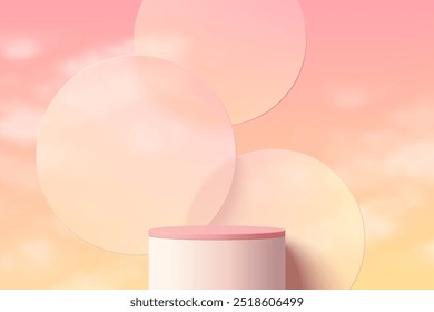 Fondo de podio cilíndrico 3D rosa realista con fondo de círculos superpuestos y cielo rosa. Pedestal de maqueta minimalista, presentación Abstractas del producto, escaparate del escenario. Diseño de Vector de plataformas.