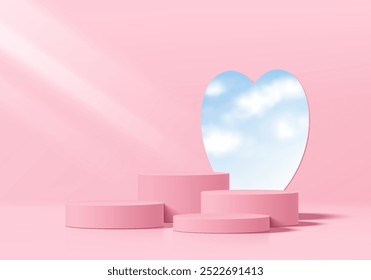 Fondo de podio cilíndrico 3D rosa realista con cielo azul en forma de corazón de vidrio espejo. Pedestal de maqueta minimalista, presentación Abstractas del producto, escaparate del escenario. Diseño de Vector de plataformas.