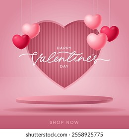 Realistic pink 3D cylindrical podium with heart shaped background for valentine's day banner. Valentine's day minimal scene for products showcase, Promotional display. Vector room platforms.