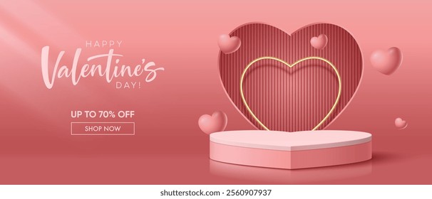 Realistic pink 3D cylindrical podium with heart shaped background for valentine's day banner. Valentine's day minimal scene for products showcase, Promotional display. Vector room platforms.