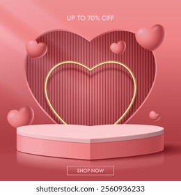 Realistic pink 3D cylindrical podium with heart shaped background for valentine's day banner. Valentine's day minimal scene for products showcase, Promotional display. Vector room platforms.