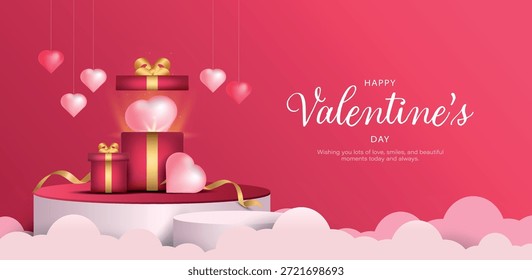 Podio cilíndrico 3D rosa realista con caja de regalo abierta y corazones para el Anuncio del día de San Valentín. Escena mínima del día de San Valentín con la nube, exhibición promocional. Diseño de Ilustración vectorial.