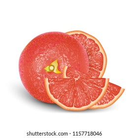 Realistic Pink 3d Grapefruit. Detailed 3d Illustration Isolated On White. Design Element For Web Or Print Packaging. Vector Illustration. 