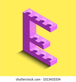 Realistic pink 3d isometric letter E of the alphabet from constructor lego bricks. Pink 3d isometric plastic letter from the lego building blocks. Lego letters. 3d letters