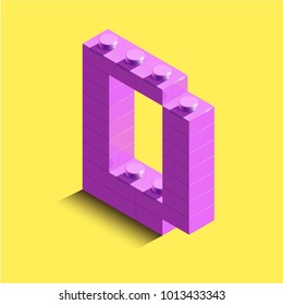 Realistic pink 3d isometric letter D of the alphabet from constructor lego bricks. Pink 3d isometric plastic letter from the lego building blocks. Lego letters. 3d letters