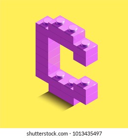 Realistic pink 3d isometric letter C of the alphabet from constructor lego bricks. Pink 3d isometric plastic letter from the lego building blocks. Lego letters. 3d letters