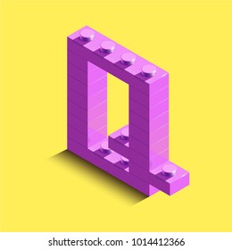 Realistic pink 3d isometric letter Q of the alphabet from constructor lego bricks. Pink 3d isometric plastic letter from the lego building blocks. Lego letters. 3d letters