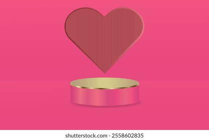Realistic pink 3D podium with gold border and red heart on background for valentine's day designs. 14 February scene for products showcase. Vector illustration