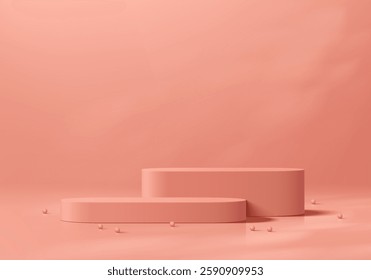 Realistic pink 3D round podium background with natural leaf light wall scene. Minimalist 3D mockup pedestal, Abstract product display presentation, Stage showcase. Platforms vector geometric design.