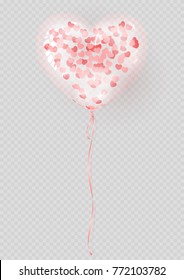 Realistic Pink Air Balloon with Confetti. Transparent Air Balloon in the Form of Heart Isolated on Grey Background. Vector Illustration.
