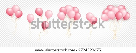 Realistic pink air balloons set isolated on transparent background. Bunch of pastel helium balloons. Set of One, two, three, six and nine 3D air balloons for anniversary, birthday, wedding, party