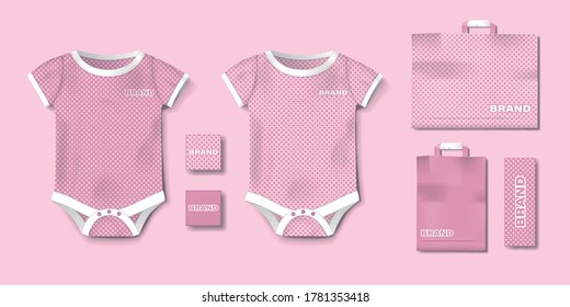 Realistic pink baby bodysuit template isolated. Bodysuit, baby shirt mockup for girls. Branding set of clothes and packaging for newborns. Vector illustration