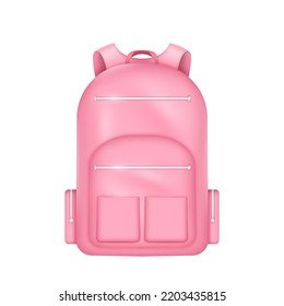 Realistic pink backpack for school. Casual sport backpack for teenage pupil isolated on white background. Schoolbag with zipper, pockets and handles. Vector illustration