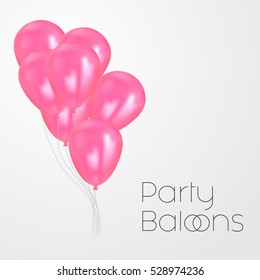 Realistic pink birthday balloons flying for party and celebrations. Space for message. Isolated on light background.