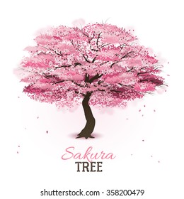 Realistic Pink Blossoming Spring Japanese Sakura Cherry Tree Vector Illustration