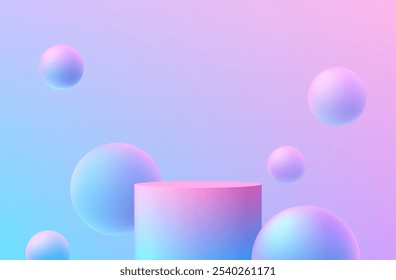 Realistic pink and blue 3D cylindrical podium background with bounce ball, Floating bubble. Minimalist mockup pedestal, Abstract product display presentation, Stage showcase. Platforms vector design.