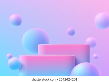 Realistisches rosa und blaues 3D rundes Podium gesetzt Hintergrund mit Bounce Ball, Floating Blase. Minimalistisches 3D-Mockup-Podest, Präsentation der abstrakten Produktpräsentation, Bühnenpräsentation. Plattformen, Vektordesign.