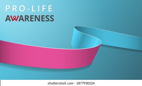 Realistic pink and blue ribbon. Awareness pro-life month poster. Vector illustration. World pro-life day solidarity concept. Blue background. Symbol of genital enlargement, infertility