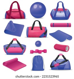 Realistic pink and blue set of gym bags fitness tools with mats roller ball dumbbells isolated vector illustration