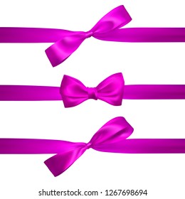 Realistic pink bow with horizontal pink ribbons isolated on white. Element for decoration gifts, greetings, holidays. Vector illustration.