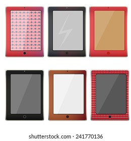 Realistic pink, brown, black tablet pc computer with blank screen isolated on white background
