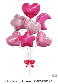 Realistic pink Bunch of Heart, star, moon shaped balloons with red ribbons. Bouquets of balloons Flying for Party, card, decor, Christmas, Celebrations. 3D Vector Illustration.