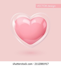 Realistic Pink Candy Heart In Glass. Look Like 3d. Symbol Of Love. Be My Valentine. Vector Illustration For Card, Party, Design, Flyer, Poster, Decor, Banner, Web, Advertising.