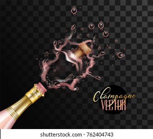 Realistic pink champagne explosion closeup. Pink glass bottle with gold label popping its cork splashing. Christmas, new year, birthday celebration vector illustration on dark transparent background