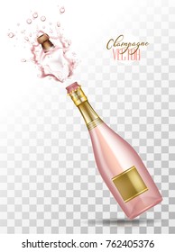 Realistic pink champagne explosion. Photo realistic pink glass bottle with gold label popping its cork splashing. Christmas, new year, birthday celebration vector illustration, transparent background