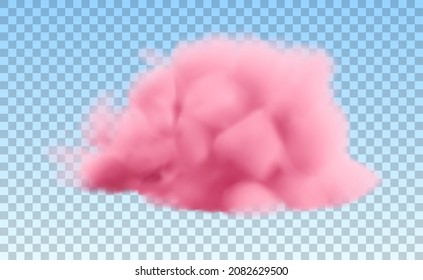 Realistic pink cloud isolated on transparent background. Vector fluffy smoke in a blue sky.