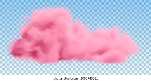 Realistic pink cloud isolated on transparent background. Vector fluffy smoke in a blue sky.