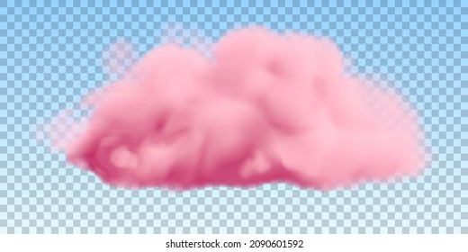 Realistic pink cloud isolated transparent background  Vector fluffy smoke in blue sky 