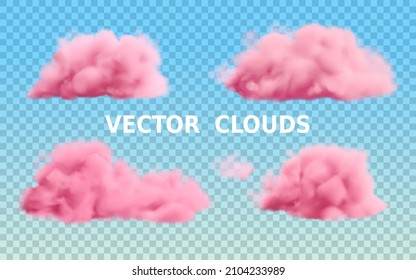 Realistic pink clouds set isolated transparent background  Vector fluffy smoke collection in blue sky 