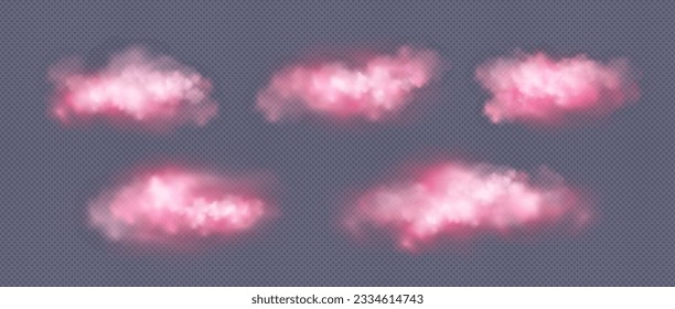 Nubes rosas realistas aisladas en un contexto transparente. Ilustración vectorial del humo mágico de la luz en el aire, elementos de diseño del cielo de puesta de sol o de salida del sol, niebla de cuento de hadas fantástica, evaporación abstracta de gas