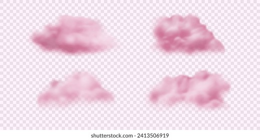 Realistic pink clouds. Set of vector icons. Soft pastel colored fluffy clouds isolated on transparent backdrop