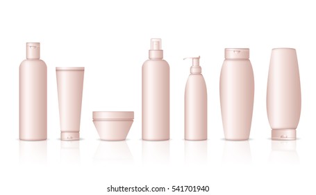 Realistic pink cosmetic bottles on white background. Cosmetic cream containers and tubes for cream, lotion, shampoo, gel, balsam, conditioner, spray. 3d Vector Illustration