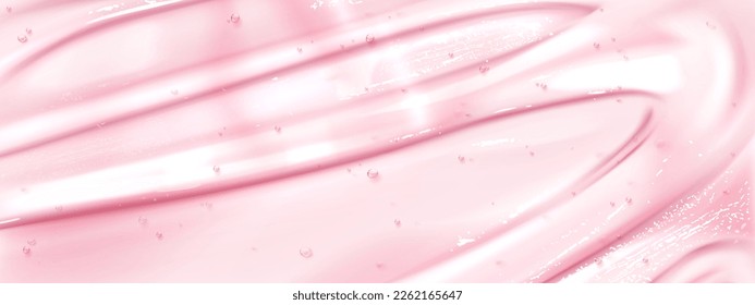 Realistic pink cosmetic gel texture. Vector illustration smear of liquid skin care substance, face cleanser, body scrub, hydration moisture cream with air bubbles. Abstract background for spa ads