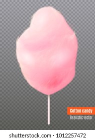 Realistic pink cotton candy on white plastic stick isolated on transparent background 3d vector illustration