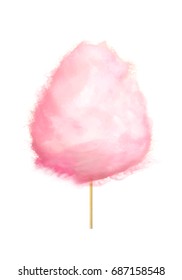 Realistic pink cotton candy on stick isolated on white. Made by heating and liquefying sugar and spinning it out through minute holes, where it strands sugar glass