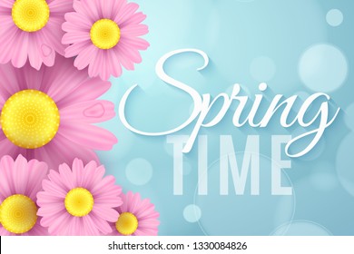 Realistic pink daisy flowers. Spring seasonal banner for your advertising. Ecological composition. Abstract blue bokeh lights. Spring time. Vector illustration. EPS 10