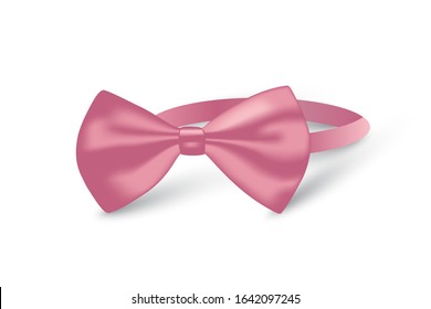 Realistic pink elegant bow tie isolated on white. Stylish accessory for real gentlemen. Male fashion formal style. Old fashioned hipster design. Invitation advertising template. Vector illustration