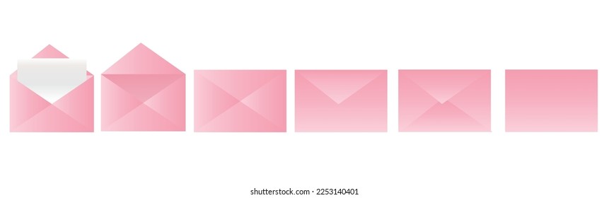 Realistic pink envelope isolated on white background.Closed and opened paper.Folded and unfolded.Empty letter.Mail or message.Invitation Card.Wedding banner.Valentines day.Mockup.Vector illustration.