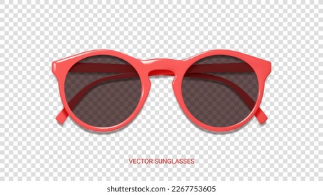 Gafas de sol de moda rosadas realistas. Diseño de accesorios de verano moderno. 3.º símbolo de verano aislado en el fondo a cuadros. Gafas de sol realistas.