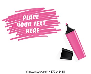 Realistic pink felt tip marker vector with scribbled space for text. Realistic pink marker and cap on white background. Scribbled field for text.