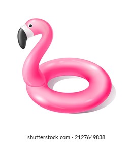 Tubo de anillo de nado rosado de flamingo realista aislado en fondo blanco. Juguete de goma de vacaciones de verano vectorial para piscina, mar, viajes. Diseño de afiche, pancarta, fondo