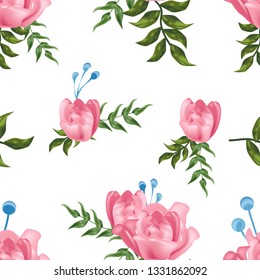 Realistic pink flowers seamless pattern with blue and green leaf on white background. Modern floral pattern for fabric design and beautiful background.